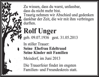 Traueranzeige von Rolf Unger von Super Sonntag Aschersleben