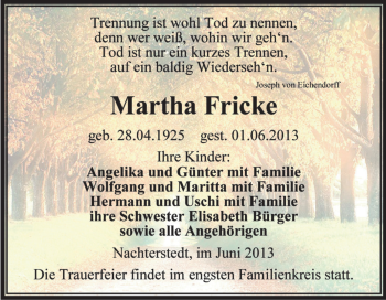 Traueranzeige von Martha Fricke von Super Sonntag Aschersleben