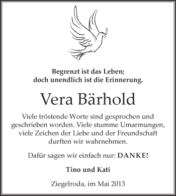 Traueranzeige von Vera Bärhold von WVG - Wochenspiegel Merseburg