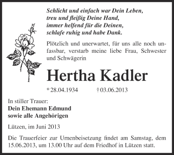 Traueranzeige von Hertha Kadler von WVG - Wochenspiegel Merseburg