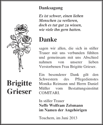 Traueranzeige von Brigitte Grieser von WVG - Wochenspiegel NMB / WSF / ZTZ