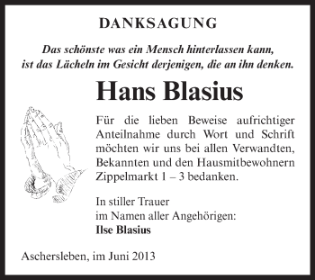 Traueranzeige von Hans Blasius von WVG - Wochenspiegel Aschersleben