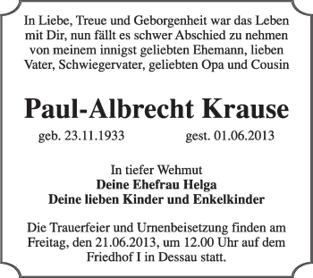 Traueranzeige von Paul-Albrecht Krause von Super Sonntag Dessau / Köthen