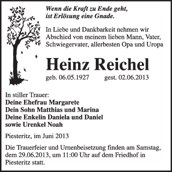 Traueranzeige von Heinz Reichel von Super Sonntag Wittenberg