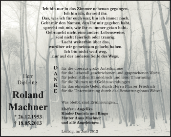 Traueranzeige von Roland Machner von Super Sonntag Zeitz