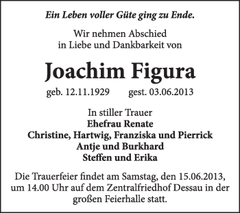 Traueranzeige von Joachim Figura von Super Sonntag Dessau / Köthen