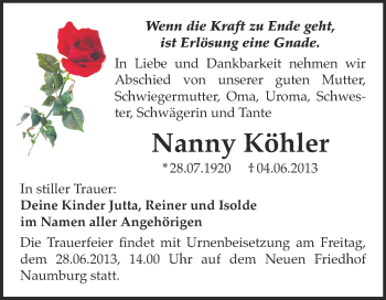 Traueranzeige von Nanny Köhler von WVG - Wochenspiegel NMB / WSF / ZTZ