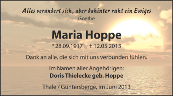Traueranzeige von Maria Hoppe von Super Sonntag Quedlinburg