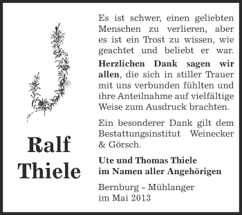 Traueranzeige von Ralf Thiele von Super Sonntag Bernburg