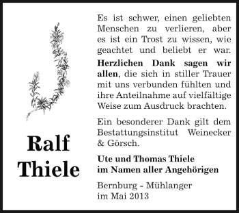 Traueranzeige von Ralf Thiele von Super Sonntag Bernburg