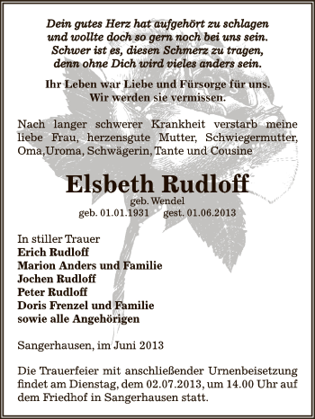 Traueranzeige von Elsbeth Rudloff von Super Sonntag SGH Mansf. Land