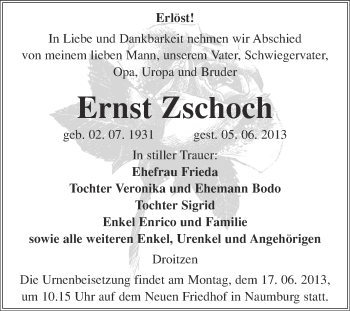 Traueranzeige von Ernst Zschoch von WVG - Wochenspiegel NMB / WSF / ZTZ