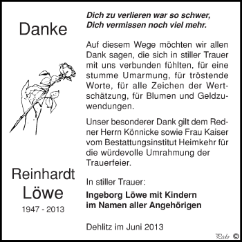 Traueranzeige von Reinhardt Löwe von WVG - Wochenspiegel NMB / WSF / ZTZ