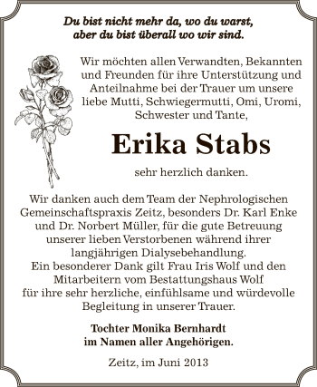 Traueranzeige von Erika Stabs von Super Sonntag Zeitz