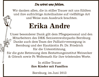 Traueranzeige von Erika Andre von Super Sonntag Bernburg