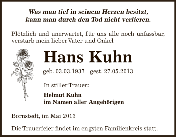 Traueranzeige von Hans Kuhn von WVG - Wochenspiegel SGH