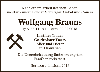 Traueranzeige von Wolfgang Brauns von Super Sonntag Bernburg