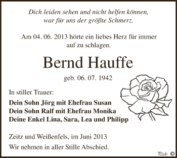 Traueranzeige von Bernd Hauffe von Super Sonntag Zeitz