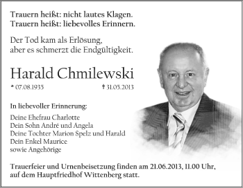 Traueranzeige von Harald Chmilewski von Super Sonntag Wittenberg