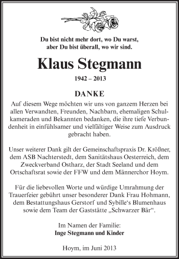 Traueranzeige von Klaus Stegmann von WVG - Wochenspiegel Aschersleben