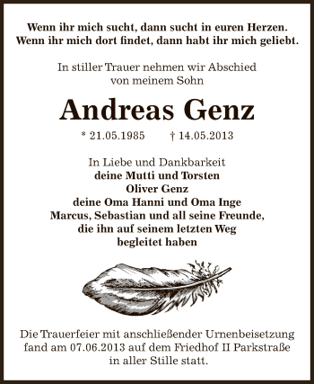 Traueranzeige von Andreas Genz von Super Sonntag Bernburg