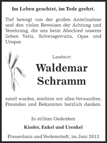 Traueranzeige von Waldemar Schramm von Super Sonntag Zeitz