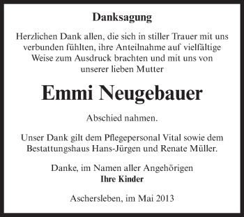 Traueranzeige von Emmi Neugebauer von WVG - Wochenspiegel Aschersleben