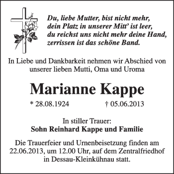 Traueranzeige von Marianne Kappe von Super Sonntag Dessau / Köthen