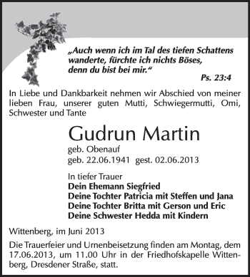 Traueranzeige von Gudrun Martin von WVG - Wochenspiegel Wittenberg