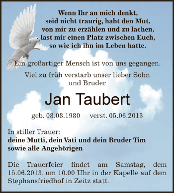 Traueranzeige von Jan Taubert von Super Sonntag Zeitz