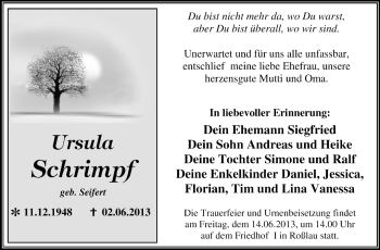 Traueranzeige von Ursula Schrimpf von Super Sonntag Dessau / Köthen