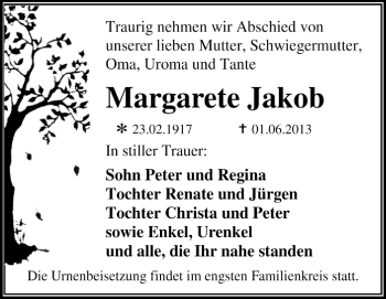 Traueranzeige von Margarete Jakob von Super Sonntag Dessau / Köthen
