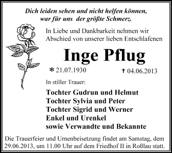 Traueranzeige von Inge Pflug von Super Sonntag Dessau / Köthen