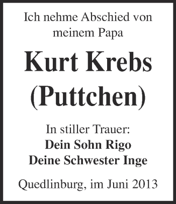 Traueranzeige von Kurt Krebs von WVG - Wochenspiegel Quedlinburg