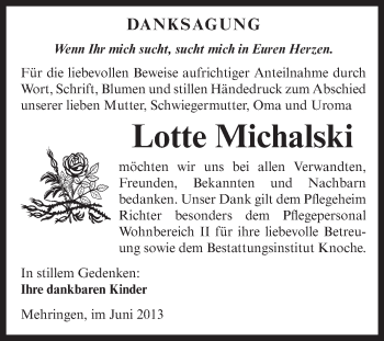 Traueranzeige von Lotte Michalski von Super Sonntag Aschersleben