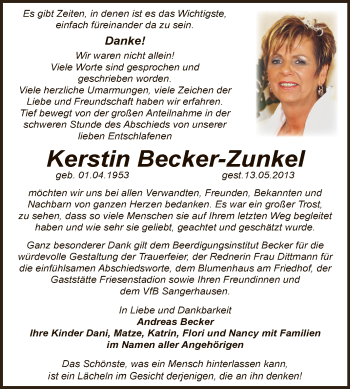 Traueranzeige von Kerstin Becker-Zunkel von Super Sonntag SGH Mansf. Land