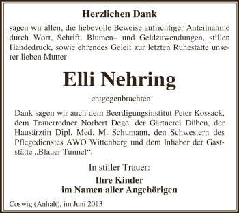 Traueranzeige von Elli Nehring von WVG - Wochenspiegel Dessau / Köthen