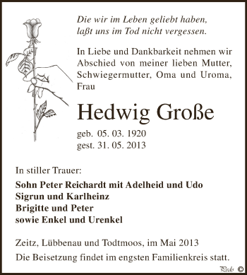 Traueranzeige von Hedwig Große von Super Sonntag Zeitz