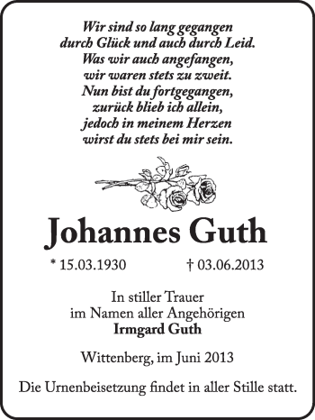Traueranzeige von Johannes Guth von WVG - Wochenspiegel Wittenberg