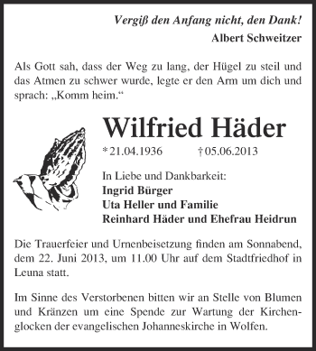 Traueranzeige von Wilfried Häder von Super Sonntag Merseburg