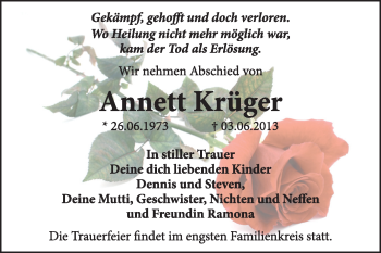 Traueranzeige von Annett Krüger von Super Sonntag Dessau / Köthen