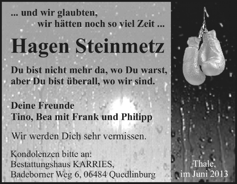  Traueranzeige für Hagen Steinmetz vom 09.06.2013 aus WVG - Wochenspiegel Quedlinburg