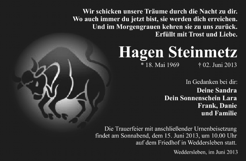 Traueranzeige für Hagen Steinmetz vom 09.06.2013 aus WVG - Wochenspiegel Quedlinburg