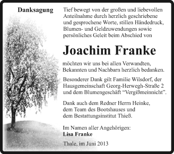 Traueranzeige von Joachim Franke von Super Sonntag Quedlinburg