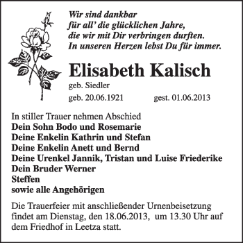Traueranzeige von Elisabeth Kalisch von Super Sonntag Wittenberg