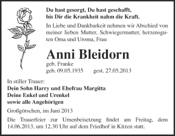 Traueranzeige von Anni Bleidorn von WVG - Wochenspiegel NMB / WSF / ZTZ