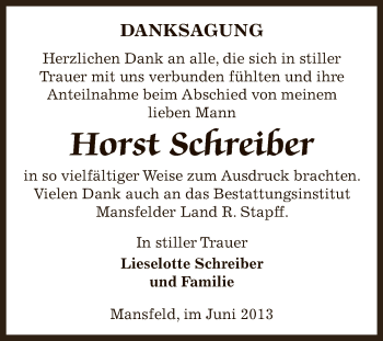 Traueranzeige von Horst Schreiber von Wochenspiegel Mansfelder Land