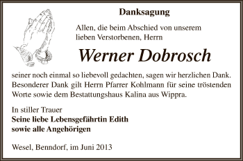 Traueranzeige von Werner Dobrosch von Wochenspiegel Mansfelder Land