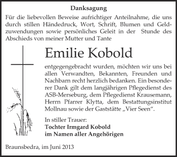 Traueranzeige von Emilie Kobold von WVG - Wochenspiegel Merseburg