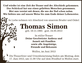 Traueranzeige von Thomas Simon von WVG - Wochenspiegel Bitterfeld